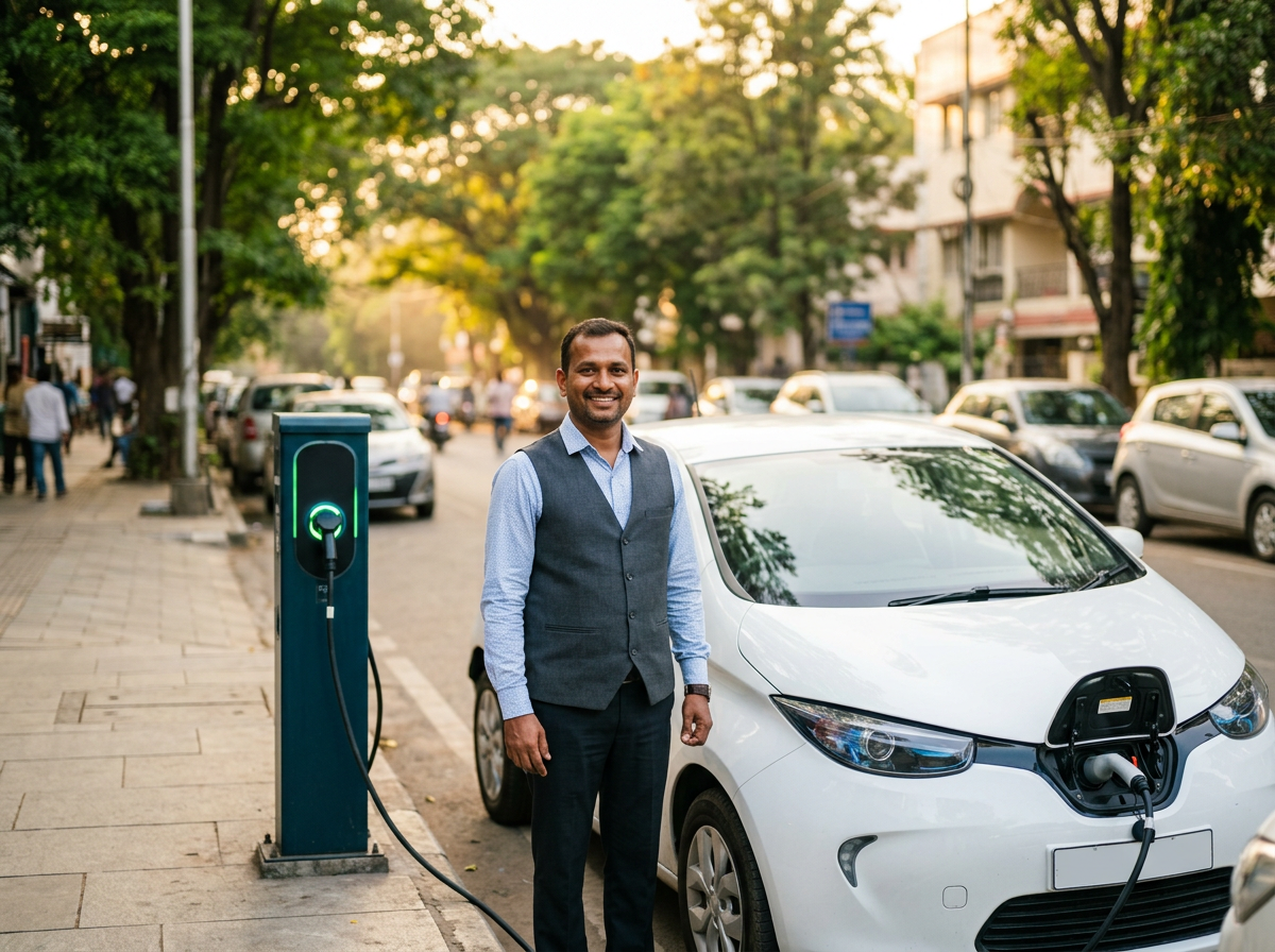 Driver standing beside an electric car at a charging station