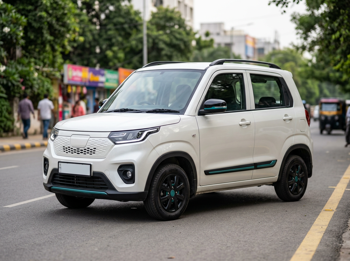 Compact electric car on a city street